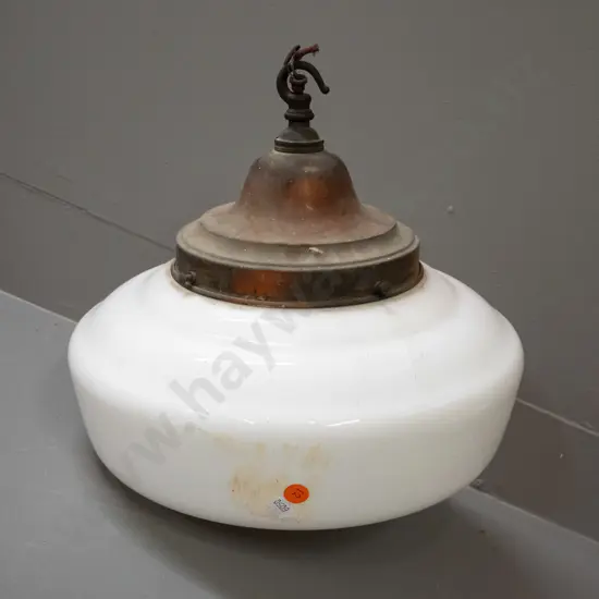deco large milk glass ceiling light fitting with copper finish journal - some discolouring to metal, paint residue. H280