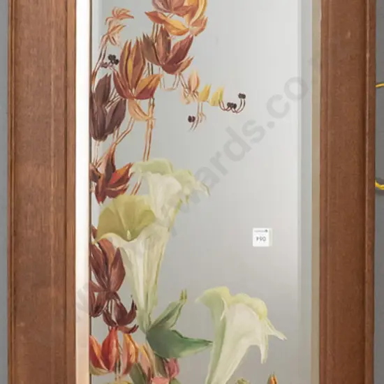 Oak framed  beveled edged wall mirror with hand painted flowers and leaves H-1420 W-580