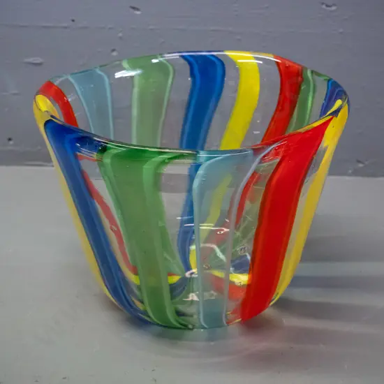 heavy art glass glass bowl - primary colour stripes in clear H-180 D-220