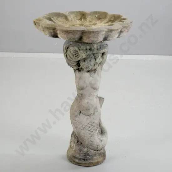 cast concrete 2-piece bird bath with mermaid motif base and scallop shell shaped top H-730 D-480