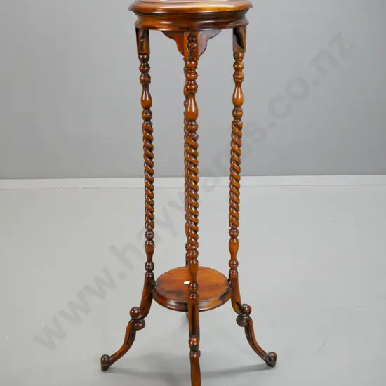 reproduction mahogany Victorian style plant stand on 4 twisted turned uprights, with bottom shelf, some fading to polish