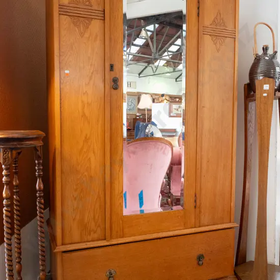 vintage oak deco style single door wardrobe with shaped bevelled edge mirror, metal drop handle, working lock and key,
