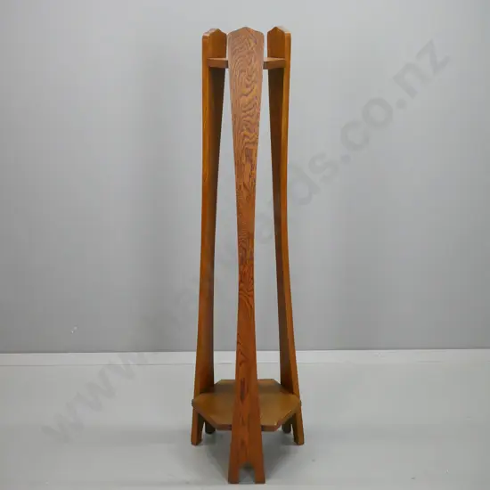 art deco oak 2-tier plant stand with 3 shaped uprights H-1280. Bottom shelf 340 x 340