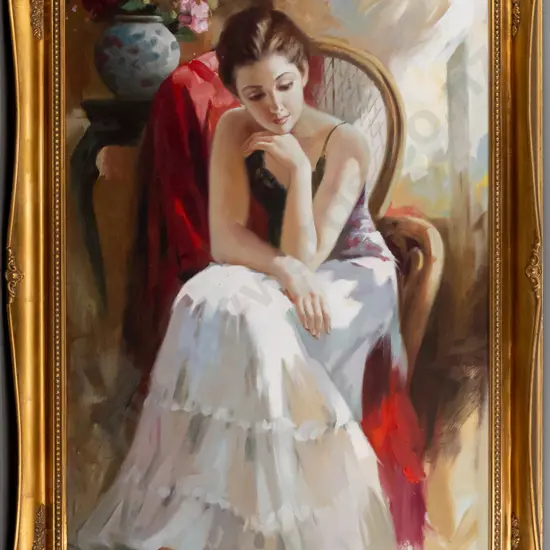 ornate gilt framed oil on canvas - seated woman H-880 W-590