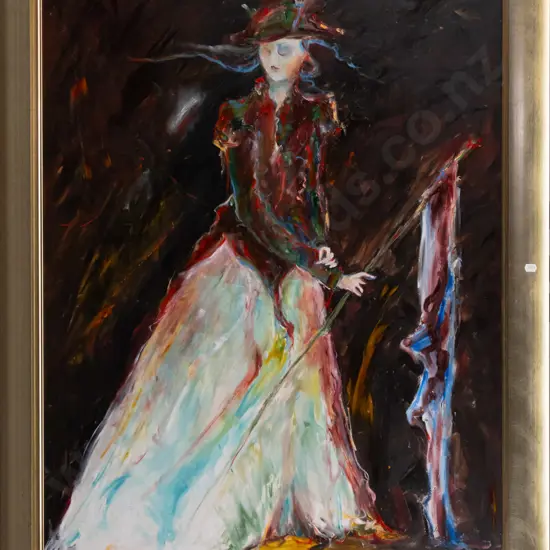 K Ewing? - framed oil on canvas -woman with flag H-870 W-760
