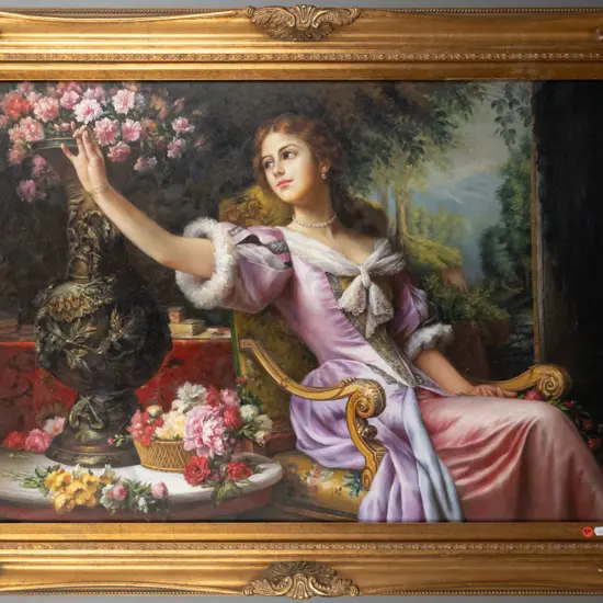 ornate gilt framed oil on canvas - seated woman H-59 W-880