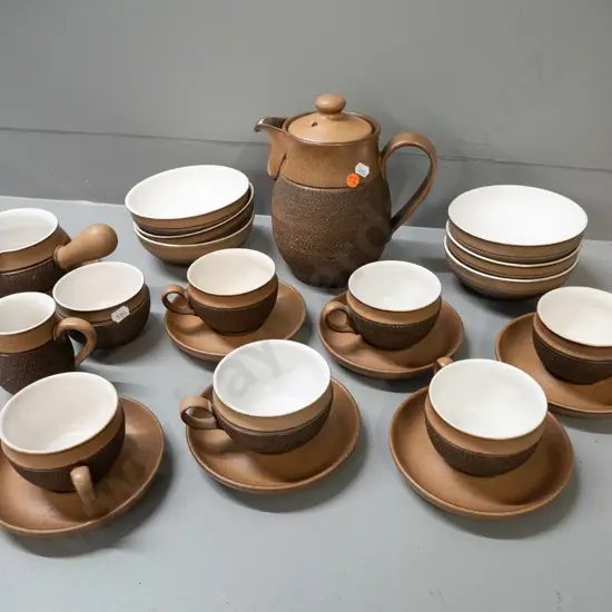 Denby coffee and tableware - including coffee pot cream & sugar, 6 cups & saucers, 6 bowls, ramekin - some cups and