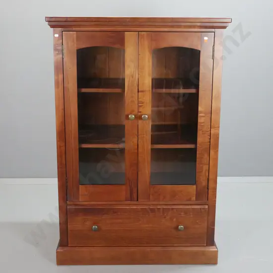 reproduction beech display cabinet with 2 glazed doors, one drawer, metal knobs, 2 adjustable shelves - minor scratches