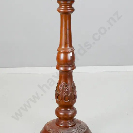 vintage mahogany jardiniere stand with turned & carved stem on carved round base - some marks to top H-755 Top D-240