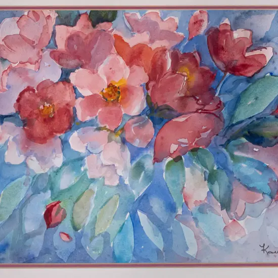Kath von Tunzelmann - framed watercolour - flowers H-260 W-490