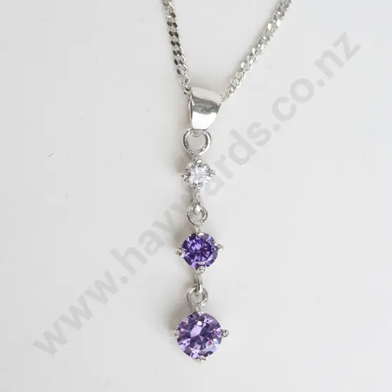 silver amethyst & cz necklace chain stamped 925
