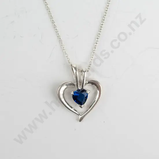 silver heart necklace with sapphire stamped 925