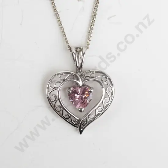 silver heart necklace with pink stone stamped 925