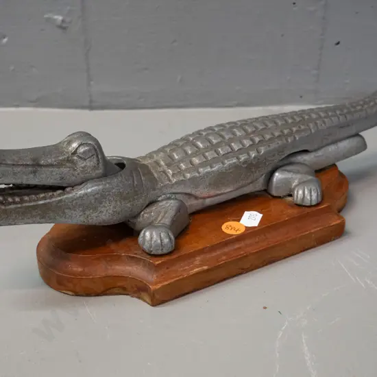 cast metal crocodile nutcracker mounted on wooden base L-360 Base L-225