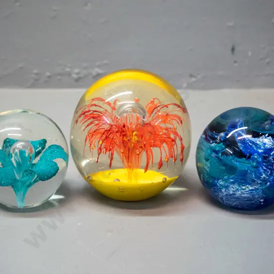 3 art glass paperweights - larger flower shape is Diameter 80