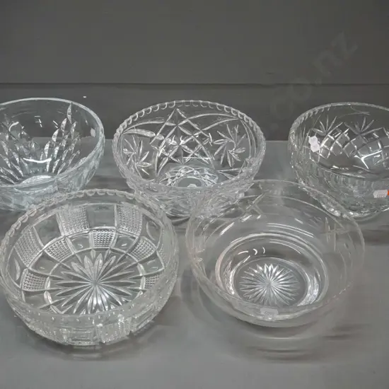 5 crystal salad bowls, different patterns, one is footed H-115 D-190