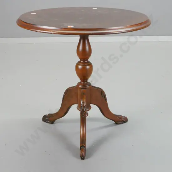 reproduction mahogany topped wine table on beech turned column on 3 carved mahogany feet - scratches to surface, damage