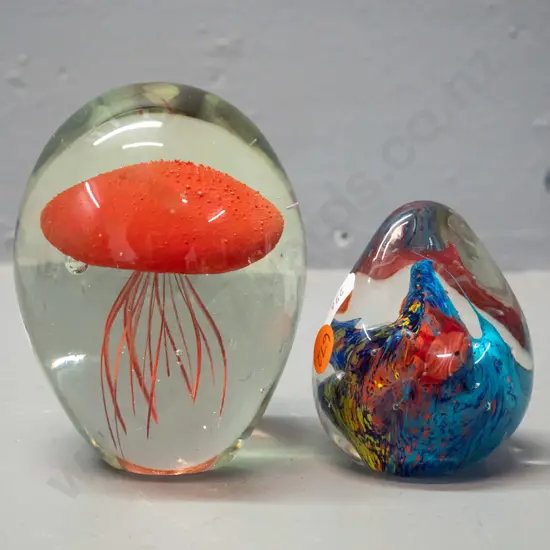 2 art glass paperweights - red jellyfish H-110 and smaller one with undersea fish motif