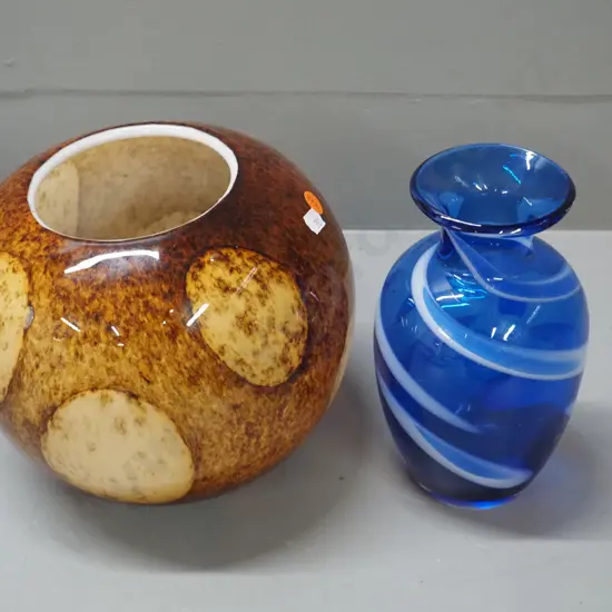 2 art glass vases - amber stipple over white interior H-180 D-200 and a blue swirl pattern H-190