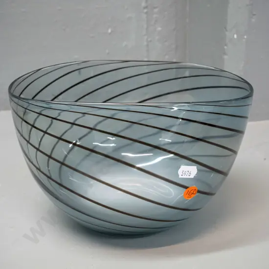 oval art glass bowl - smokey blue and grey swirl pattern H-150 L-235