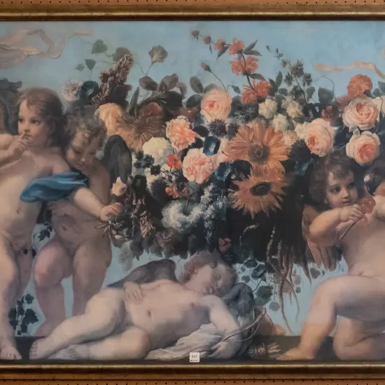 large gilt framed print, cherubs & flowers H-890 W-1190