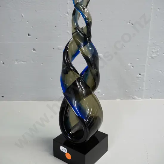 art glass abstract sculpture / figure - dark blue smoky tones, on square base H-320 Base 80 x 80