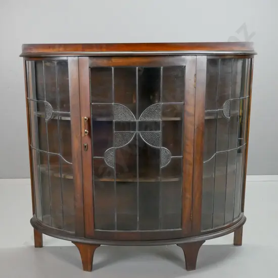 vintage beech and rimu bow-front leadlight display cabinet with cupboard door - dent and ring stain to top surface,