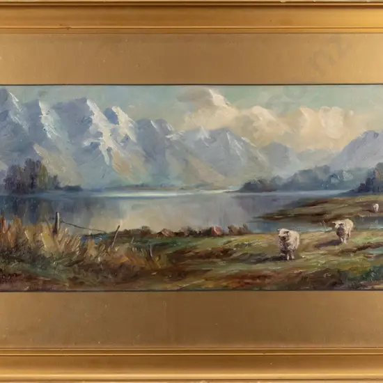 A.R. Lothian 1920 - gilt framed oil on board - sheep, lake and mountain scene H-215 W-550