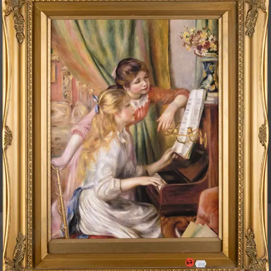 gilt framed oil - girls playing piano H-360 W-270