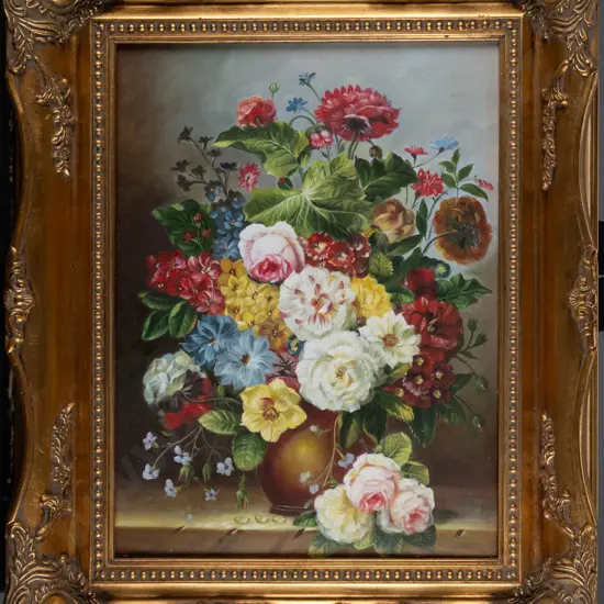 gilt framed oil - still life flowers H-390 W-290