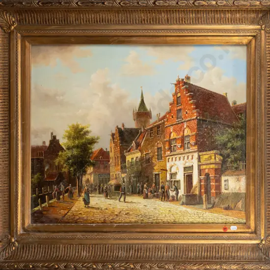 ornate gilt framed oil on board - village scene H-490 W-590
