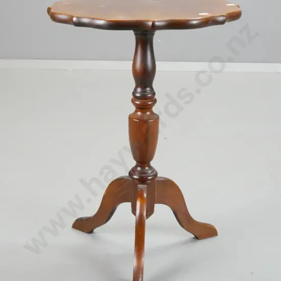 reproduction mahogany topped and pine column base wine table with 3 sweeping legs - loose top & split to top of stem,