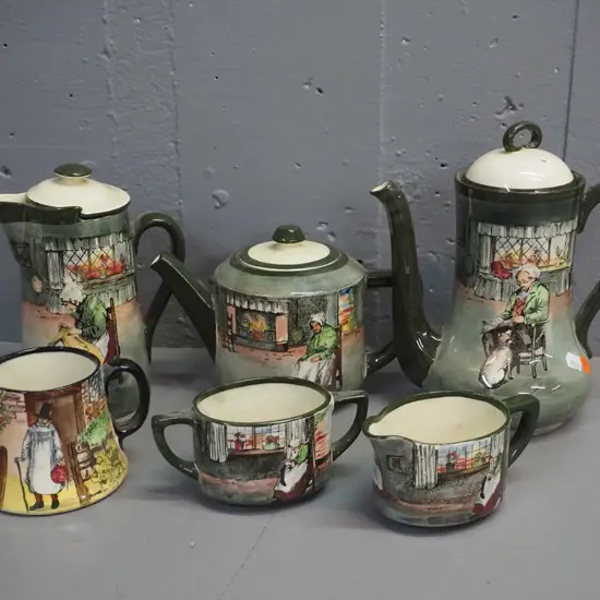 vintage Royal Doulton character ware tea and coffee ware with tea pot, coffee pot, hot water jug, cream & sugar and a