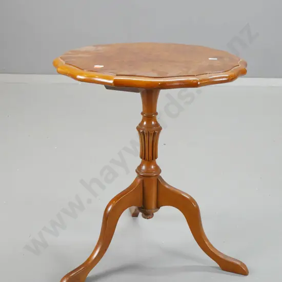 vintage walnut-topped wine table with turned & fluted mahogany base with 3 sweeping legs H-475 D-400