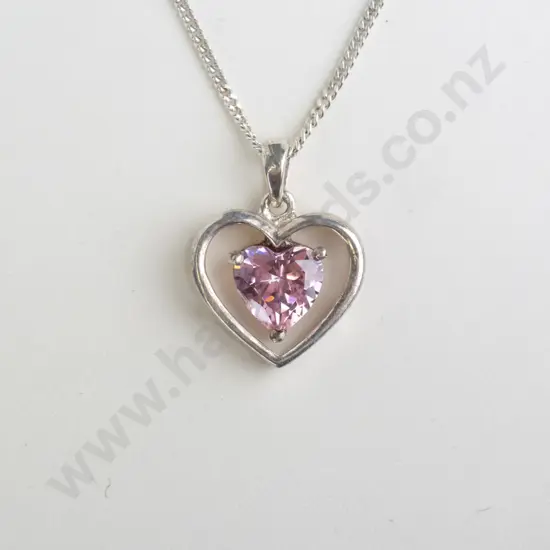 silver heart necklace with pink stone chain stamped 925