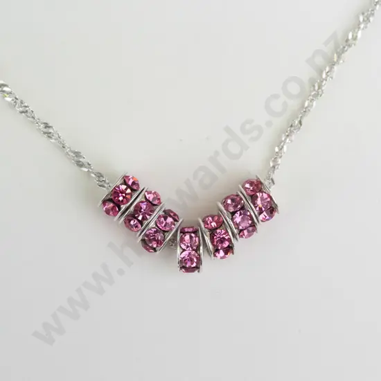 silver 7 ring necklace with dark pink stones chain stamped 925