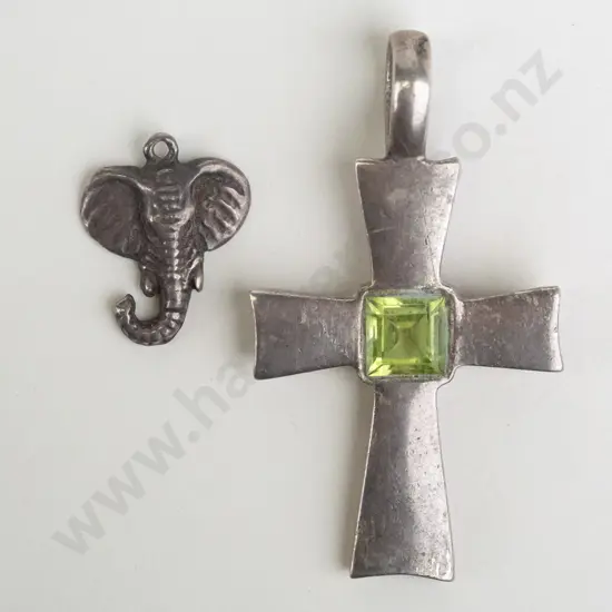 silver cross with light green stones  no chain stamped 925 & elephant head charm stamped 925