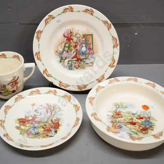 Royal Doulton Bunnykins bowl, cup, saucer and plate D-65. Some scratching to plate.