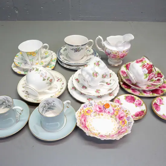 assorted English bone china teaware - 3 Royal Albert trios, Wedgwood and Royal Doulton cups & saucers, 2 Royal Worcester