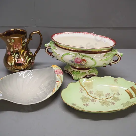 4 pieces of English porcelain - Wedgwood floral double handled pedestal trough vase, Carlton Ware dish, Shorter & Son