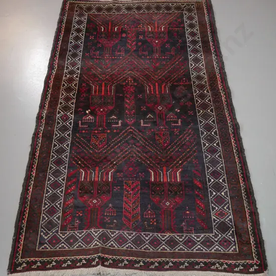hand-knotted wool Persian style floor rug - dark red, brown and blue - some fading L-2100 W-1170