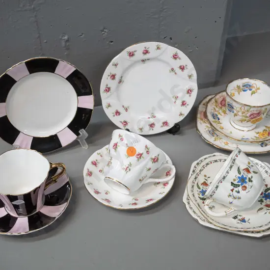 4 English bone china trios - 2 Royal Albert, Shelley "Chelsea" floral and Royal Standard deco pink & black stripe