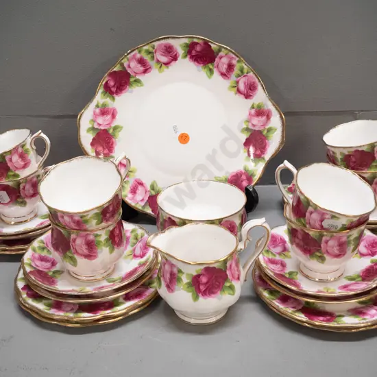 Royal Albert Old English Rose 27-piece tea set - 8 trios, cake plate, cream & sugar - 2 different cup shapes