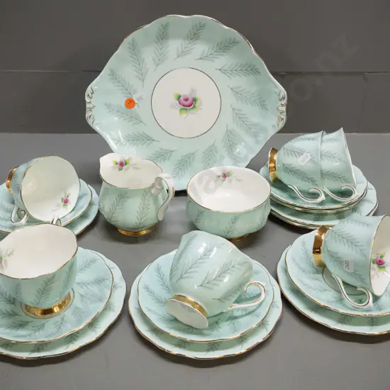 Royal Albert "Rosamund" pattern 21-piece tea set - one cup has glaze crack inside