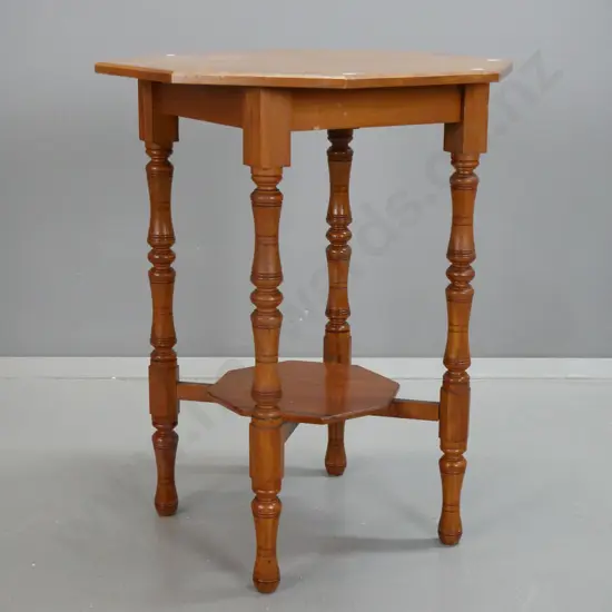 Edwardian rimu octagonal occasional table with 4 turned legs, x-stretcher base with lower shelf - some scratching & wear