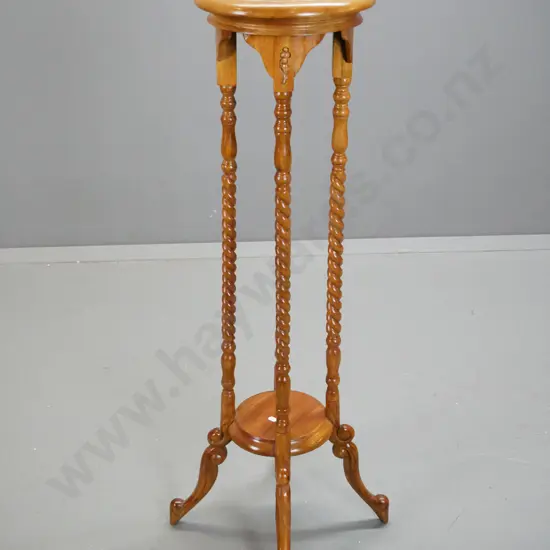 reproduction mahogany Victorian style plant stand on 4 twisted turned uprights, with bottom shelf, some staining to top,