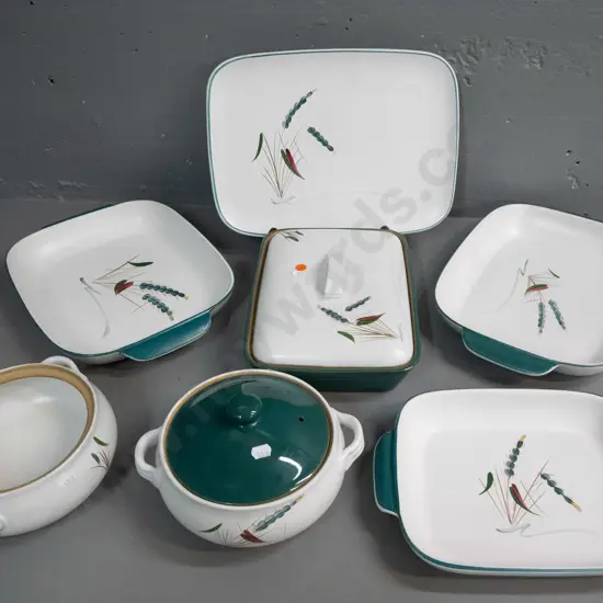 retro Denby Greenwheat baking and serving dishes - 2 large handled rectangular baking dishes, 2 round