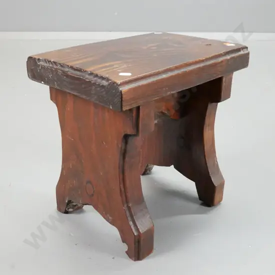 vintage slab construction pine stool with shaped sides and edge - some deterioration to surface H-340 W-350 D-250