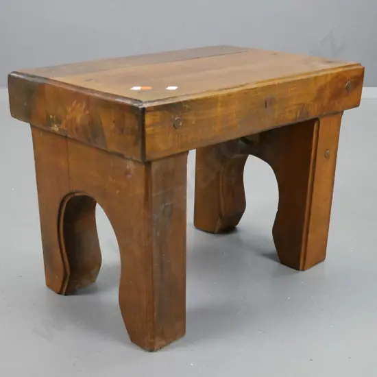 vintage small slab construction mixed timber stool with shaped legs - has been restored, some scratches overall H-340