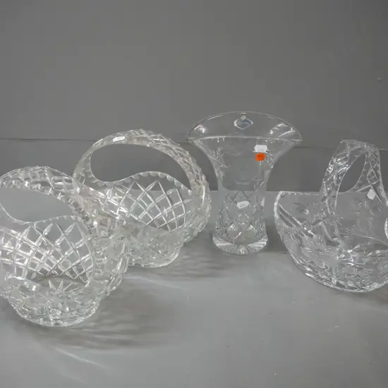 3 cut crystal baskets and a vase with a Royal Brierley label H-210 - 2 baskets have same cut